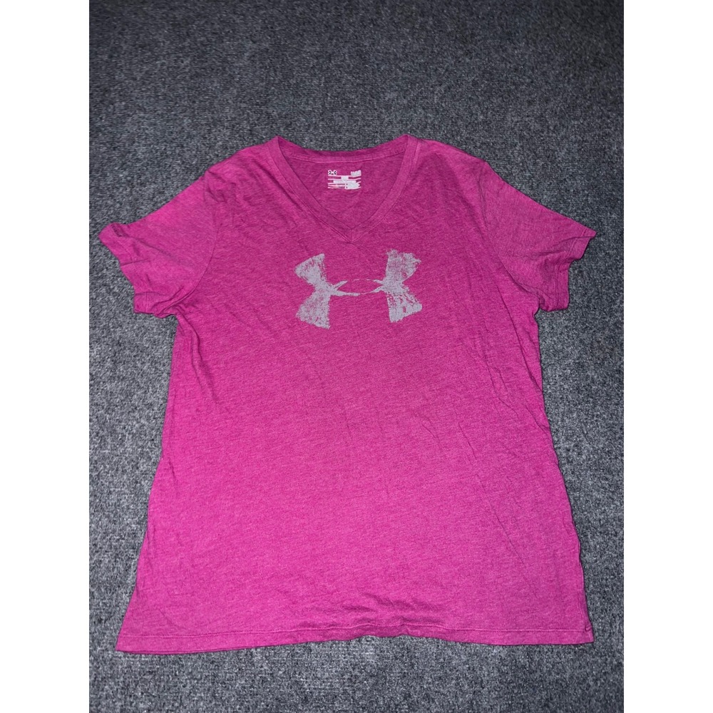Under Armour HeatGear Girls Large Pink V-Neck Short Sleeve Logo T-Shirt Loose